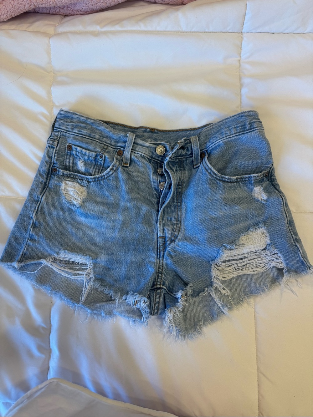 Levi's Light Blue Distressed High-Rise Jean Shorts